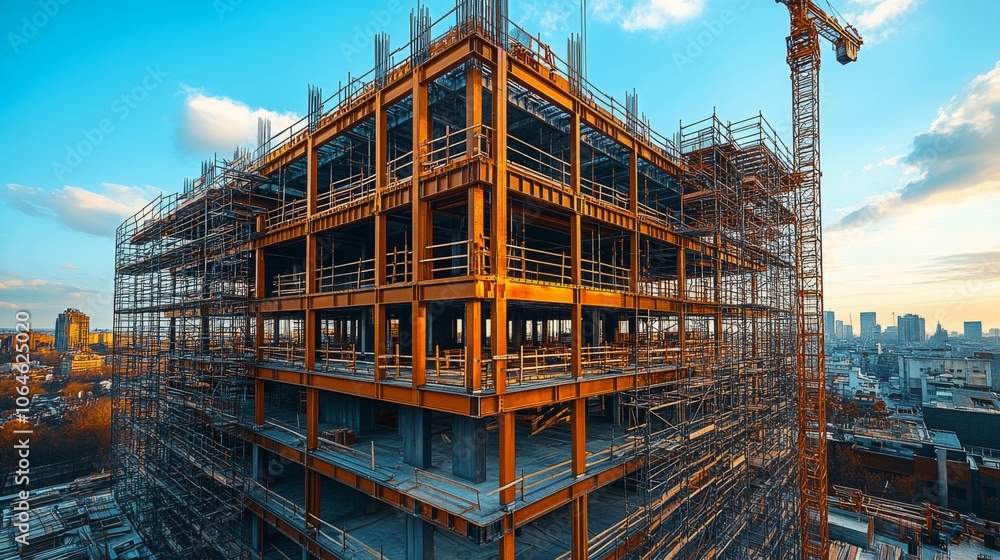 Poster a large construction site features a partially built multi-story building surrounded by scaffolding 