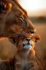A lioness tenderly grooming her cub.