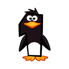 Cartoon number 1 like penguin, figure One. Cartoon of number with a animal concept. Calligraphy, lettering, typography for your Education cards or game