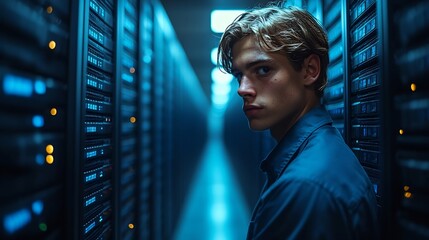 School technician working on securing the schools data servers surrounded by digital locks and encrypted data visuals