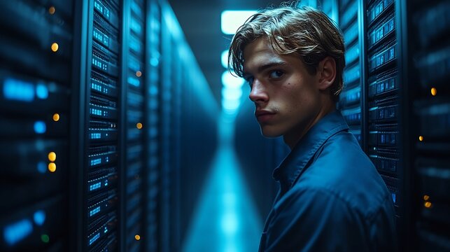 School technician working on securing the schools data servers surrounded by digital locks and encrypted data visuals