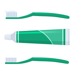 Vector illustration of a toothbrush with and without toothpaste, along with a toothpaste tube, isolated on a white background. Set design in green