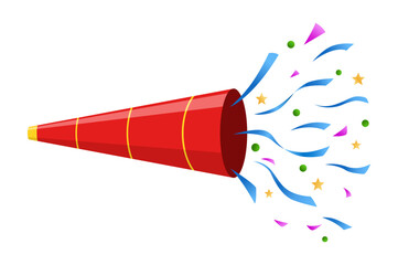 Exploding party popper with confetti, isolated on a white background, vector illustration, side view