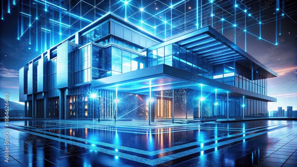 Poster futuristic abstract digital building with blue holographic technology and motion background in minim