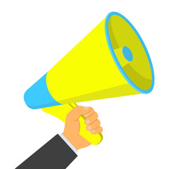 Hand holding a megaphone, isolated on white background. Vector illustration
