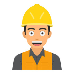 Vector illustration of a young factory worker smiling, wearing a yellow helmet and work uniform, isolated on a white background, avatar design