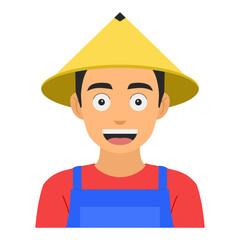 Vector illustration of a young smiling farmer wearing a traditional conical hat and farming clothes, avatar design. Isolated on a white background