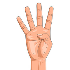 Male hand is showing four fingers isolated on a white background. Realistic four fingers up. Vector illustration