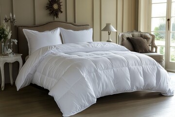 Bed with white linen sheets and pillows.