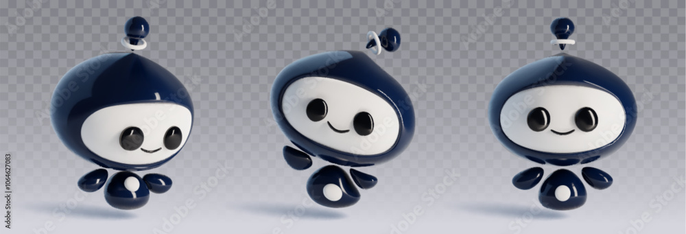 Poster cute robot character with smile face. 3d realistic vector set of cartoon funny ai chatbot mascot in 