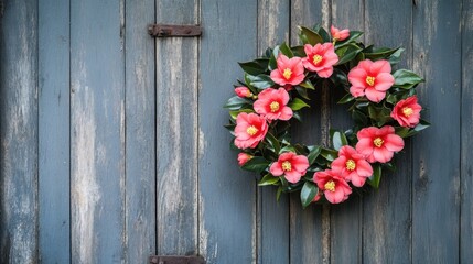 A pink camellia wreath hangs on a weathered blue wooden door.