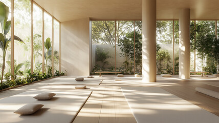 シンプルでエレガントな光が差し込むヨガスタジオ