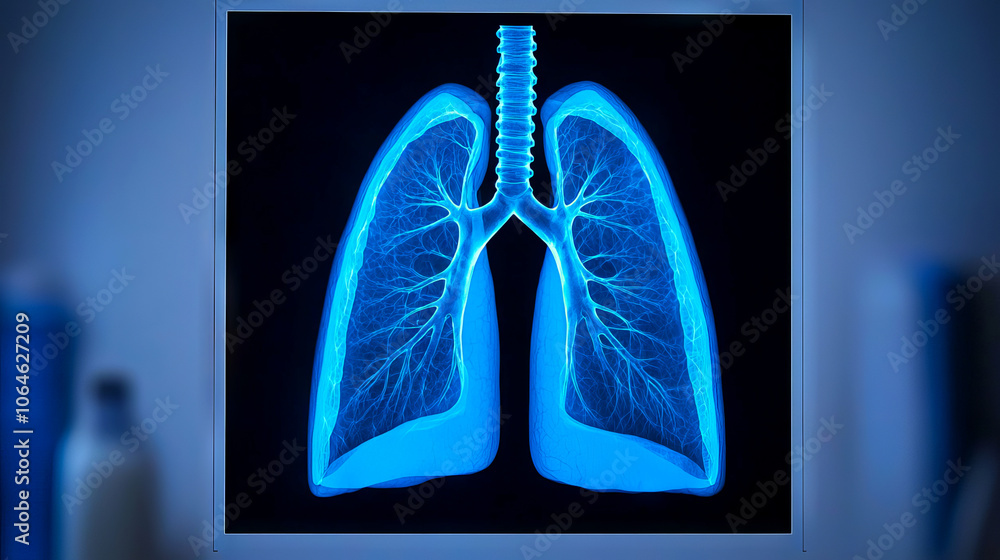 Poster an x-ray image showing human lungs highlighted in blue, showcasing their structure and branching bro