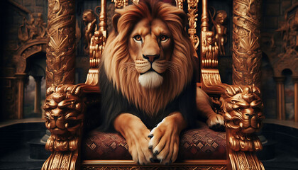 Royal lion sitting on a throne, closeup. Generative AI