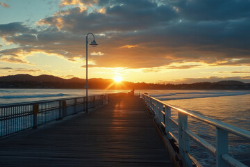 Fototapeta premium A serene pier at sunset, with gentle waves and a warm glow illuminating the scene.