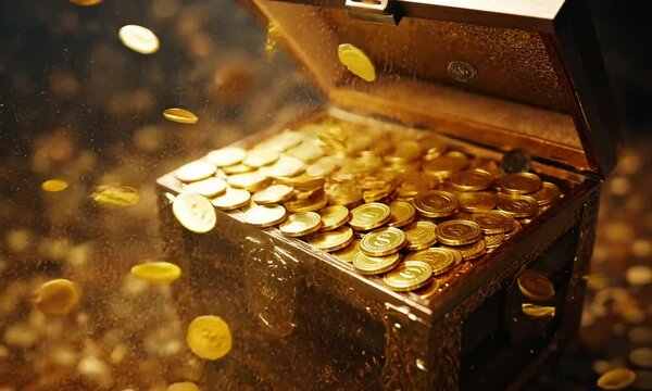Open treasure chest overflowing with gold coins