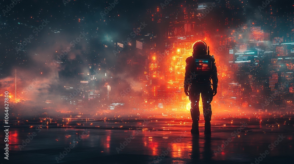 Poster robotic cyber guardian patrolling virtual space surrounded by advanced data protection elements and 