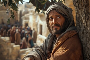 Obraz premium Zacchaeus on tree branch looking at Jesus. 