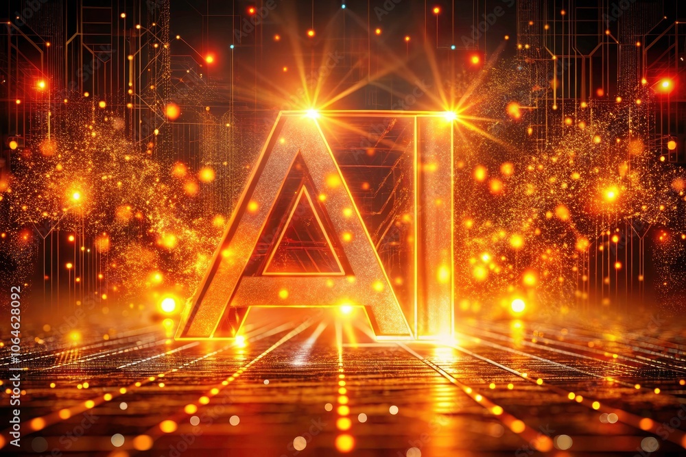 Aufkleber illuminated ai in glowing orange particles - symbolizing artificial intelligence, data processing, a