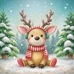 Cute reindeer with earmuffs and scarf sitting in snow

