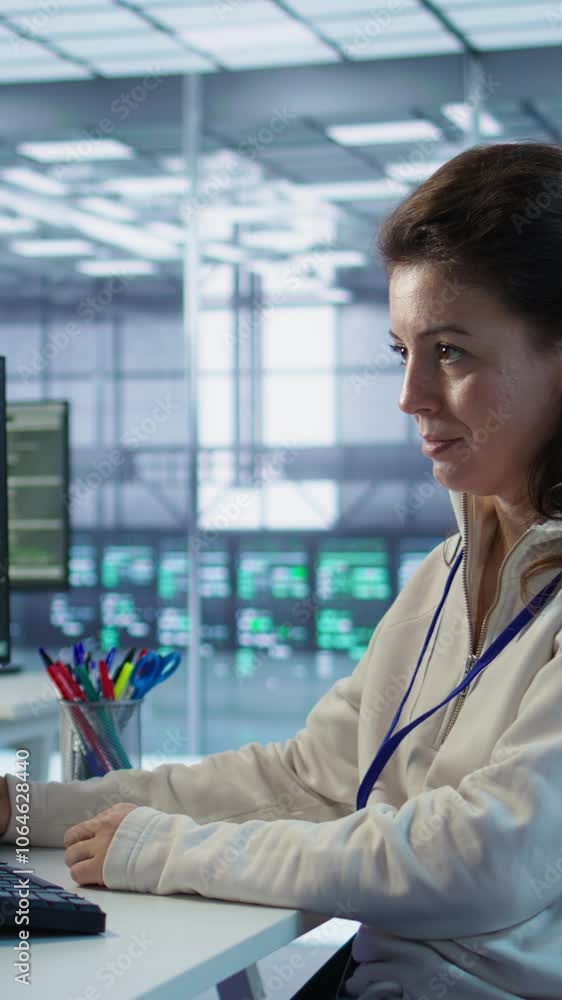 Poster developer listening music while programming in ai data center used for machine learning training. it