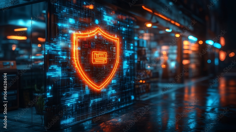 Poster retail store a glowing digital security shield around its pointofsale system representing the protec