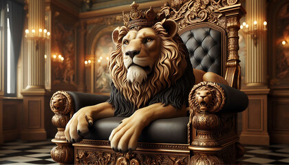 Royal lion sitting on a throne, closeup. Generative AI