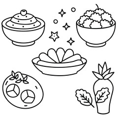 Collection of Vegetarian Dish Line Art on White Background for Healthy Food Projects 