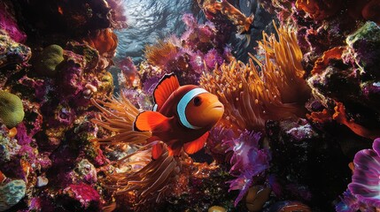 A vibrant clownfish swims through a coral reef, its bright orange and white body contrasting with the colorful coral.