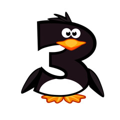 Cartoon number 3 like penguin, figure Three. Cartoon of number with a animal concept. Calligraphy, lettering, typography for your Education cards or game