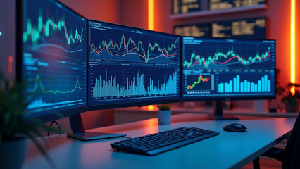 High-Tech Financial Analysis with Graphs and Charts on Multiple Big Screens Modern Data Visualization for Business Insights.