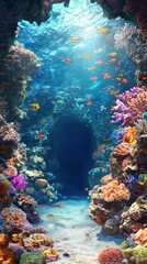 Naklejka premium Mysterious Underwater Cave Entrance Surrounded by Coral