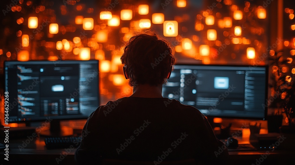 Poster remote worker a home office surrounded by glowing locks vpn connections and secure data streams repr