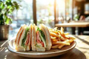 Neatly layered club sandwich with fries on ceramic plate, window sunlight