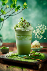a glass with matcha drink with whipped cream on green background