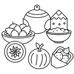 Collection of Vegetarian Dish Line Art on White Background for Healthy Food Projects 