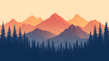 A beautiful sunset over a mountain range, with a forest in the foreground.