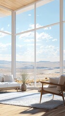 Fototapeta premium Bright Living Room with Stunning Floor-to-Ceiling Windows