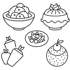 Collection of Vegetarian Dish Line Art on White Background for Healthy Food Projects 