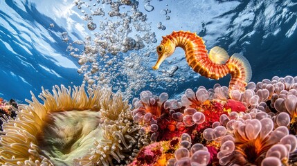 A vibrant seahorse swims through a coral reef, bubbles rising around it.