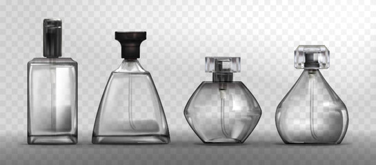 White glass bottle with sprayer and lid for fragrance. Empty transparent cosmetic container mockup. Realistic 3d vector illustration set of perfume water packaging. Essence flask and flacon template.
