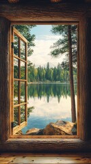 Serene View Through Large Rustic Cabin Window