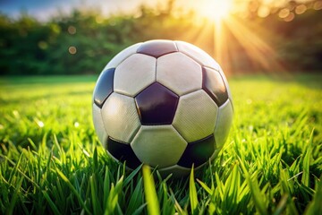 Obraz premium Macro Photography of Soccer Ball in Midfield Grass, Capturing Textures and Details of Sports Equipment for Dynamic Sports Imagery
