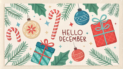 Hello December holiday illustration with candy canes and gifts

