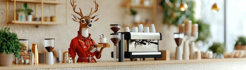 A whimsical café scene featuring a barista dressed as a reindeer, serving coffee amidst a cozy, modern interior filled with greenery.