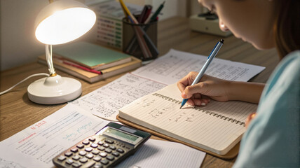 Student studying math with a calculator under desk lamp

