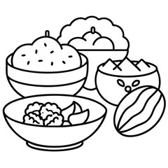 Collection of Vegetarian Dish Line Art on White Background for Healthy Food Projects 