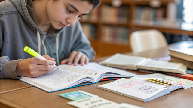 Student studying with highlighter in library

