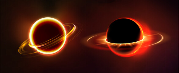 Glowing planetary spheres with luminous rings on dark background. Two cosmic orbs with bright yellow and red halos with celestial lighting effects. Realistic space astronomical design elements. © klyaksun
