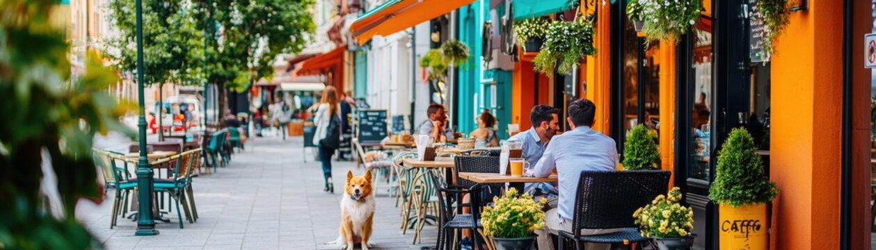 A vibrant outdoor caf&eacute; scene with customers and a dog, featuring colorful buildings and lush greenery.